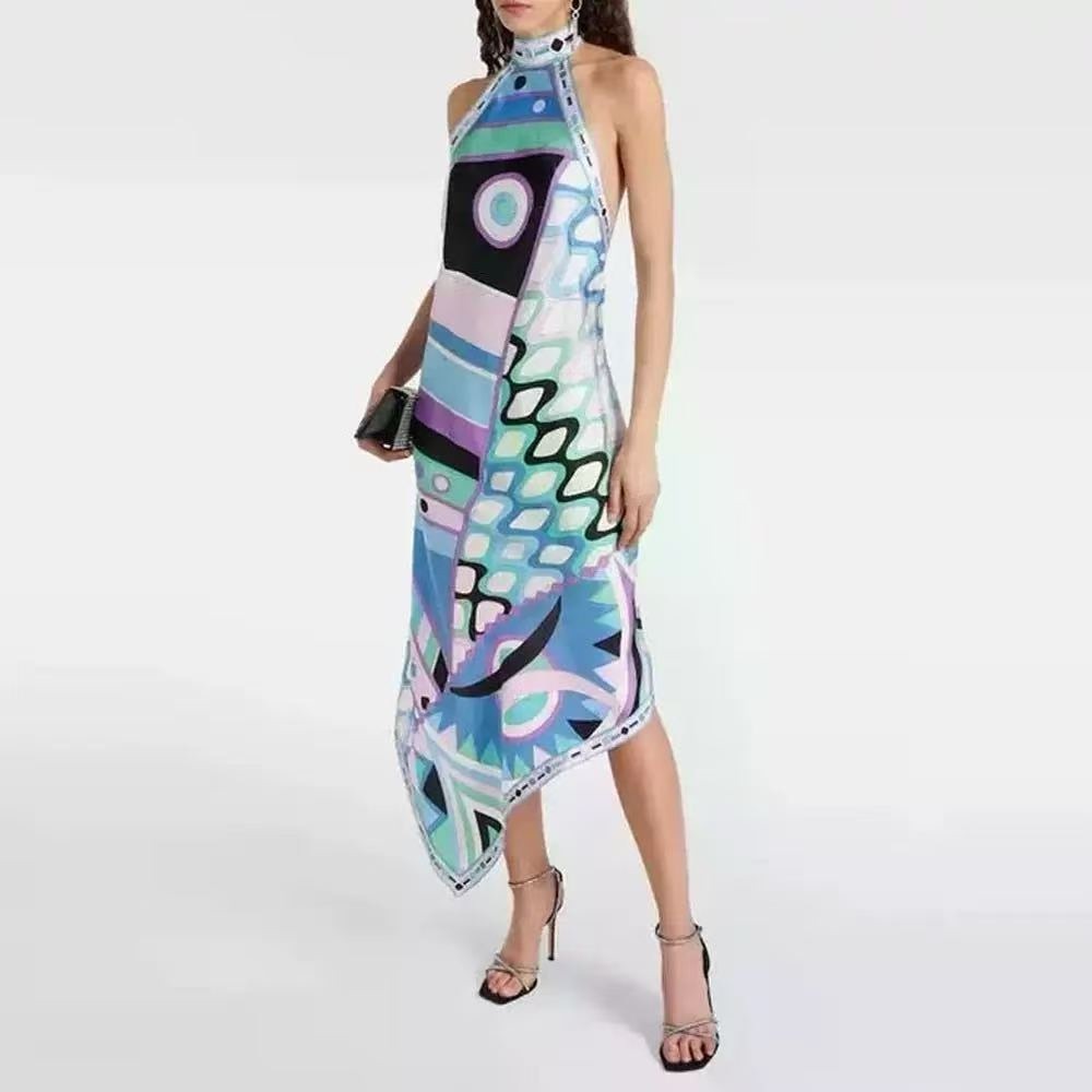 Zimmermann Halter Neck Graphic Print Asymmetric Midi Dress - Multi